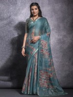 Aqua Blue Pattern Linen SIlk Digital Print Saree